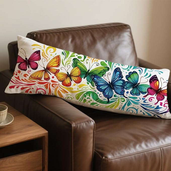 Colorful Rainbow Butterfly 20x54 Body Pillow Cover, Butterfly Lover Gifts for Women Girls Decorative Long Body Pillow Cases for Bed Couch