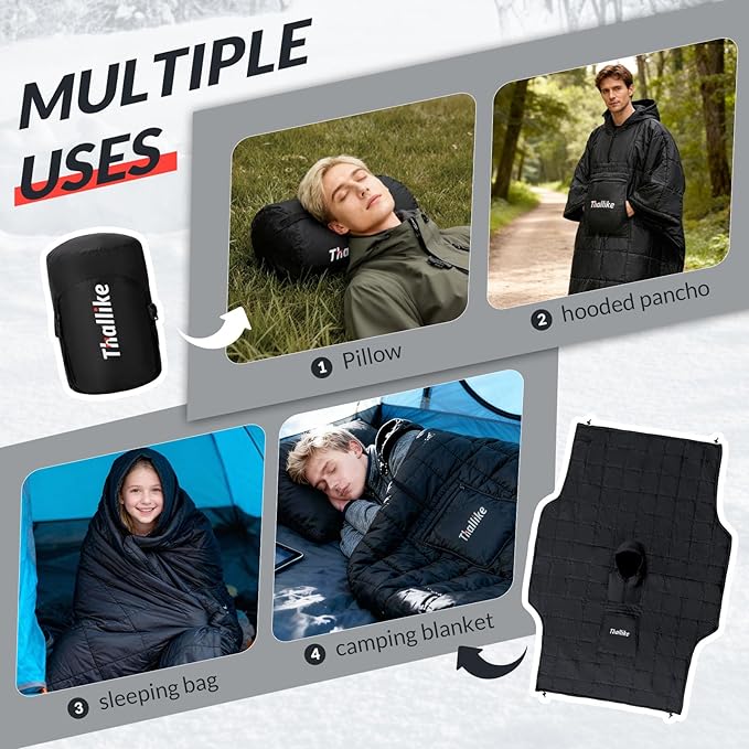 Camping Blanket with Zipper Pocket, 85'' x 61'' Large Wearable Hooded Blanket, Ultralight Warm Sleeping Bag, Windproof Camping Poncho for Outdoor Stadium Sports Gaming Hiking Picnic Concerts