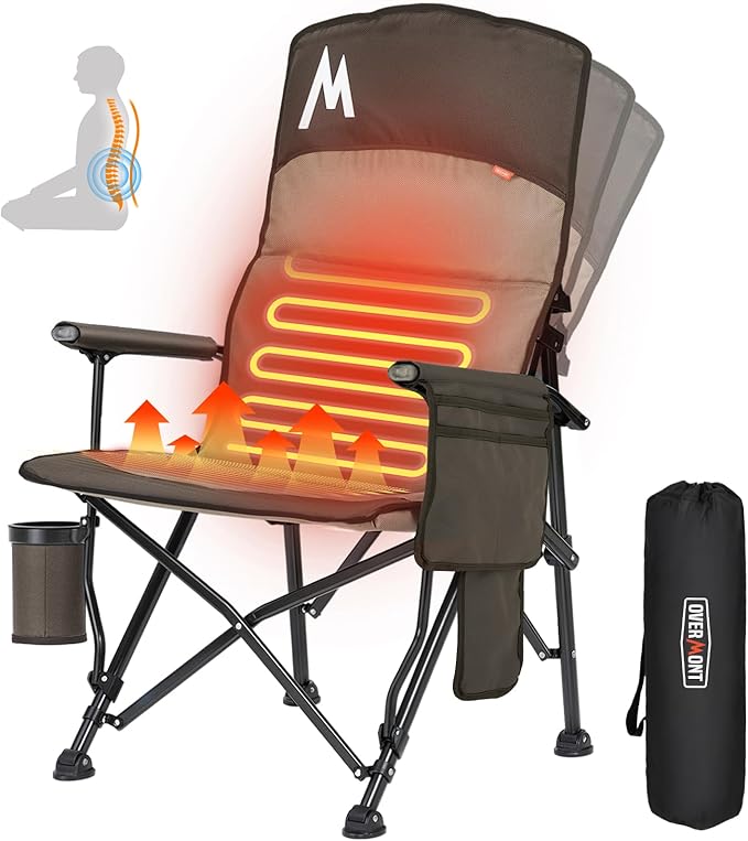 Overmont Heated Camping Chair with High Back - 3 Heat Levels 2-Zone Separately Heating - 450 LBS Support Heavy Duty Folding Chair Portable for Adults Patent No.: US D1.028.543S - Battery NOT Included