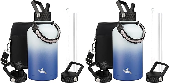 Konokyo Half Gallon Insulated Water Bottle with Straw,64 oz 3 Lids Water Jug with Carrying Bag,Paracord Handle, Double Wall Vacuum Stainless Steel Metal Flask,Sky (Pack of 2)