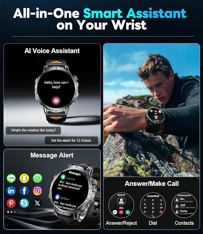 Military Smart Watch for Men, 1.85" HD Large Screen, Bluetooth Call/1000mAh/Flashlight/Heart Rate Sleep Monitor, 110+ Sports Modes Fitness Tracker Watch for Android iOS, Holiday, 3 Straps, Black