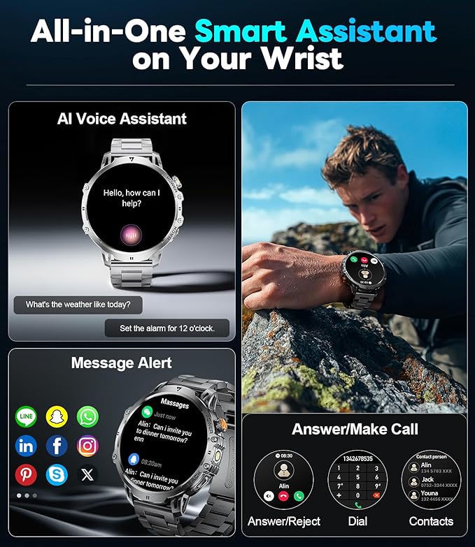 Military Smart Watch for Men, 1.85" HD Large Screen, Bluetooth Call/1000mAh/Flashlight/Heart Rate Sleep Monitor, 110+ Sports Modes Fitness Tracker Watch for Android iOS, Holiday, Black-Orange