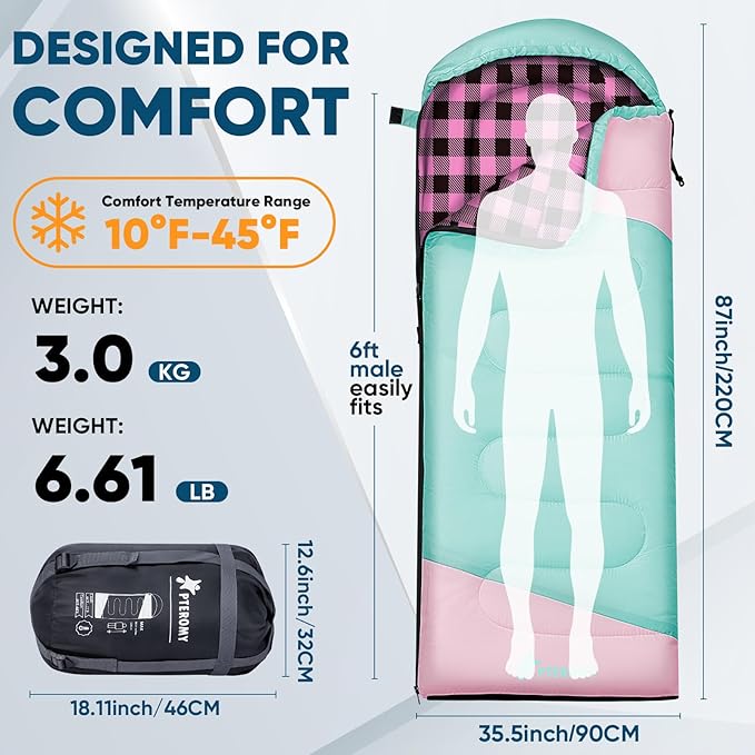 PTEROMY Sleeping Bags for Adults, Lightweight and Machine Washable, Water Resistant Backpacking Camping Sleeping Bag for Warm Cold Weather, Camping Essentials for Hiking Travel