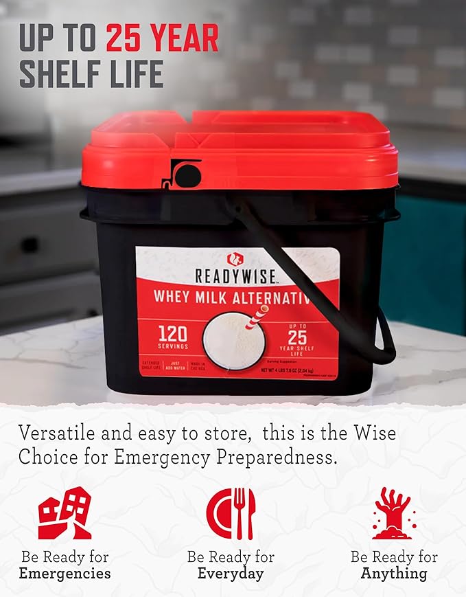 ReadyWise Whey Powdered Milk Alternative - 120 Servings Bucket, Emergency Food Supply, Protein Camping Meals, Survival Kit & Camping Essentials, Bug Out Bag Supplies, up to 25 Year Shelf Stable Life
