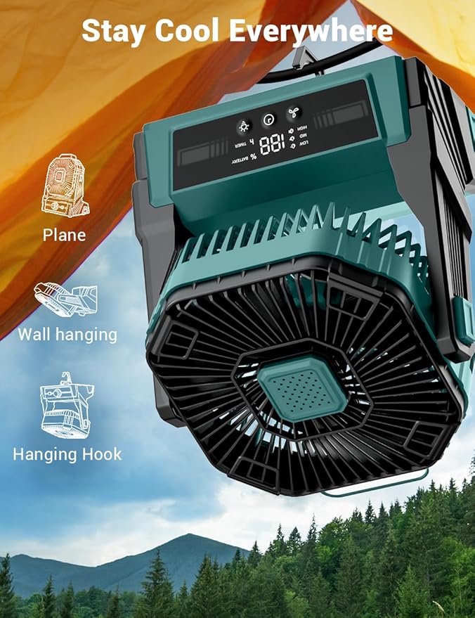 KopBeau Portable Camping Fan with Lights, 20000mAh Rechargeable Battery Operated Fan, Battery Powered Outdoor Beach Tent with 3 Speeds & Hook, Personal USB Table for Camping Accessories Blue
