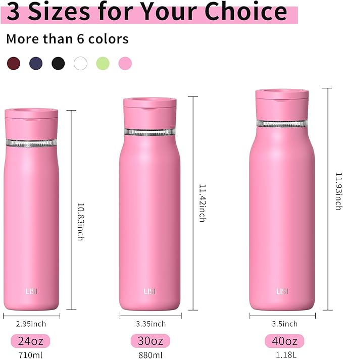 LISI 24oz Insulated Water Bottle, Double Wall Stainless Steel Water Bottles with Straw, 100% Leak-Proof Travel Thermal Canteen Mug with 2 Lids (Straw, Phone Holder Lid)