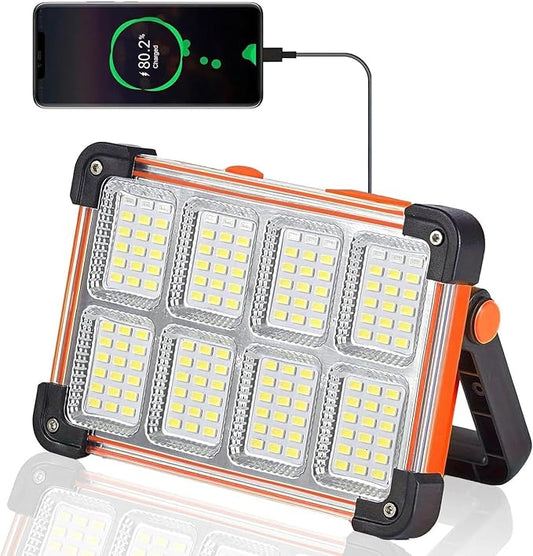 120W Solar Rechargeable Work Light, 144 LED 10000LM Portable Flood Light with Stand, IP66 Waterproof 4 Modes LED Job Site for Mechanic Camping Fishing Car Repair (Orange 1 Pack)