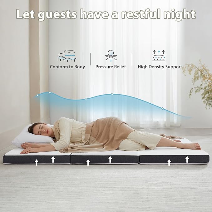 Tri Fold Memory Foam Foldable Mattress Twin, 3 inch Folding Mattress for Guest Sleep. Portable Trifold Mat with Removable Washable Cover, Floor Sleeping Mat for Adult and Kid