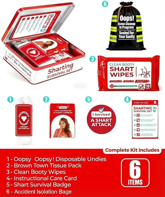 Funny Sharting Survival Set - Gag Gifts for Men, Boyfriend, Husband Birthday - 6pc Hilarious Bathroom Prank Gift for Adults - Unique White Elephant Gift, Stocking Stuffer, Fart Joke Novelty Tin