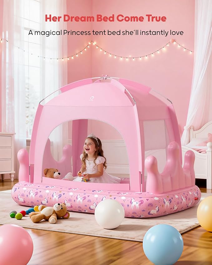 QPAU Princess Inflatable Toddler Bed with Tent, Blow Up Toddler Travel Bed with Sides, Portable Kids Air Mattress for Girls, Ideal for Home, Grandma’s, Camping & Sleepovers – Includes Electric Pump