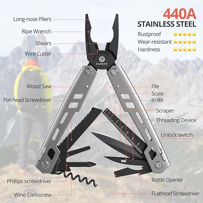 Multitool 17-in-1 Stainless Steel Multi Tool with Pocket Knife Needle Nose Pliers Bottle Opener Screwdriver Self-Locking Professional Multi-Tool for Outdoor Survival Gifts for Men((Silver)