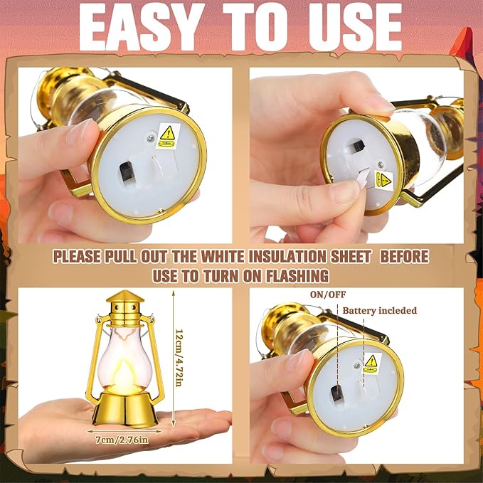 Ferraycle 12 Pcs Mini Lantern for Centerpiece Western Wedding Decor 4 Inch Camping Decorative with LED Candle Vintage Hanging Lantern Ornaments Bulk for Cowboy Cowgirl Xmas Party Decoration (Gold)
