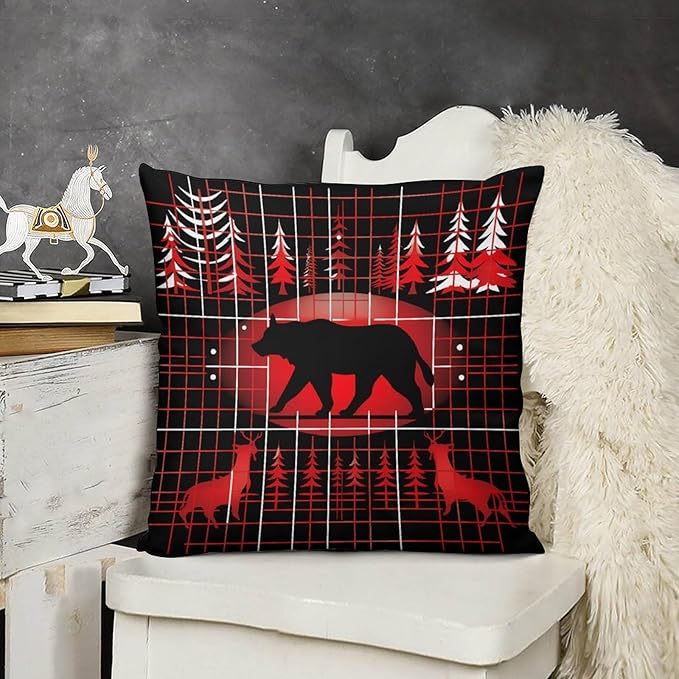ITFRO Set of 2 Birthday Gift Nature Wildlife Bear Deer Forest Bonfire Pine Tree Short Plush Both Sides Square Retro Geometry Throw Pillow Cover Cushion Case Farmhouse Sofa Decor 18x18 Inches (Bear)