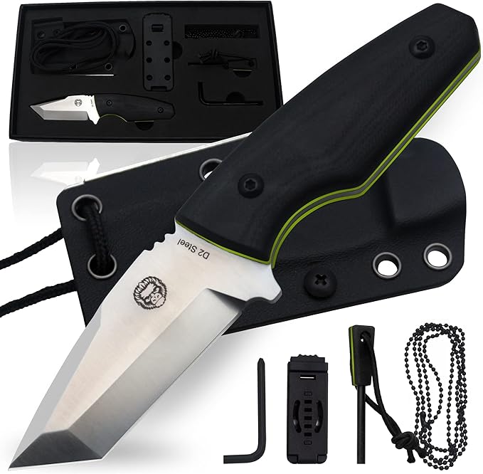 Holtzman's Gorilla Survival Tanto Fixed Blade Neck Knife with Kydex Sheath & Ferro Rod (Silver+Green) - Ideal for Outdoor Activities and Everyday Carry
