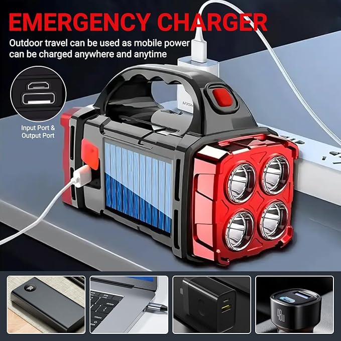 NAKCNM Solar Rechargeable High Lumen Flashlight & LED Lantern - 4 Mode Waterproof Flashlight with USB-C Input/Output for Camping, Hiking, Emergencies and Outdoor Work