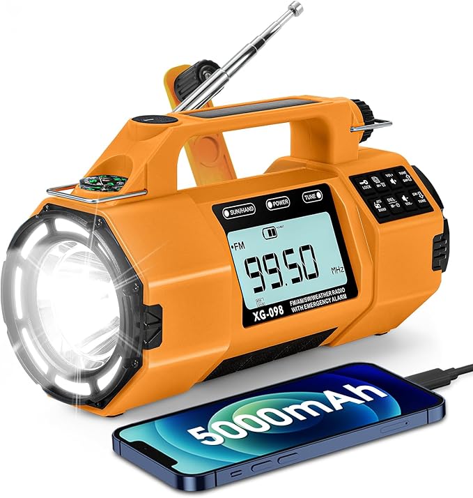 Emergency Radio NOAA Weather Alert FM/AM/SW, Hand Crank Radio with Replaceable Battery, Solar Power/USB-C Charging, Headphone Jack, Sleep Timer Clock, SOS Alarm for Camping/Outdoors