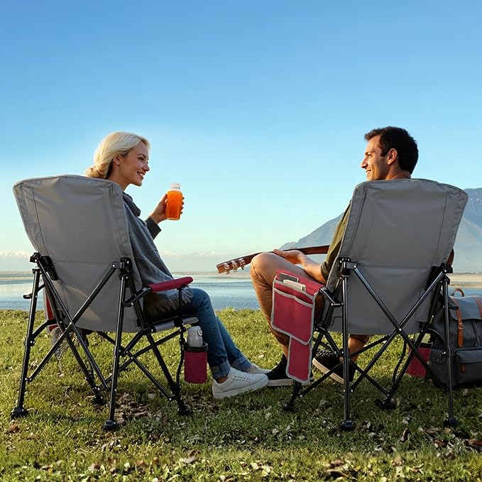Overmont Heated Camping Chair with High Back - 3 Heat Levels 2-Zone Separately Heating - 450 LBS Support Heavy Duty Folding Chair Portable for Adults Patent No.: US D1.028.543S - Battery NOT Included