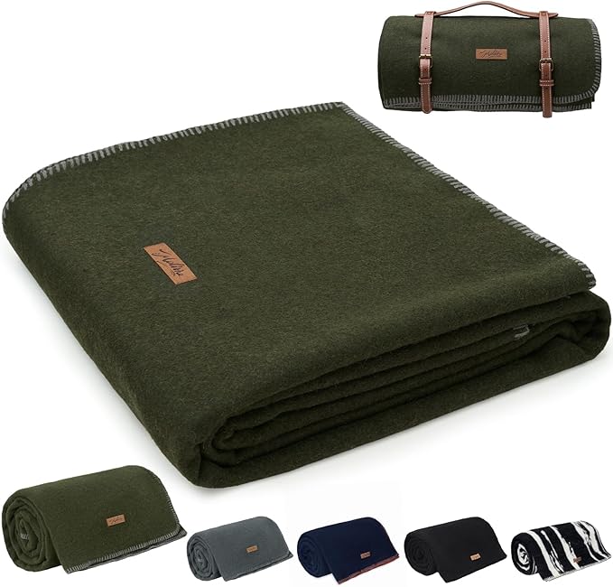 Molithe 100% Wool Blanket, 48" x 62", Warm, Thick, Washable, Military Wool Blanket, Great for Camping, Outdoors, Sporting Events, Survival Kits，Olive Green
