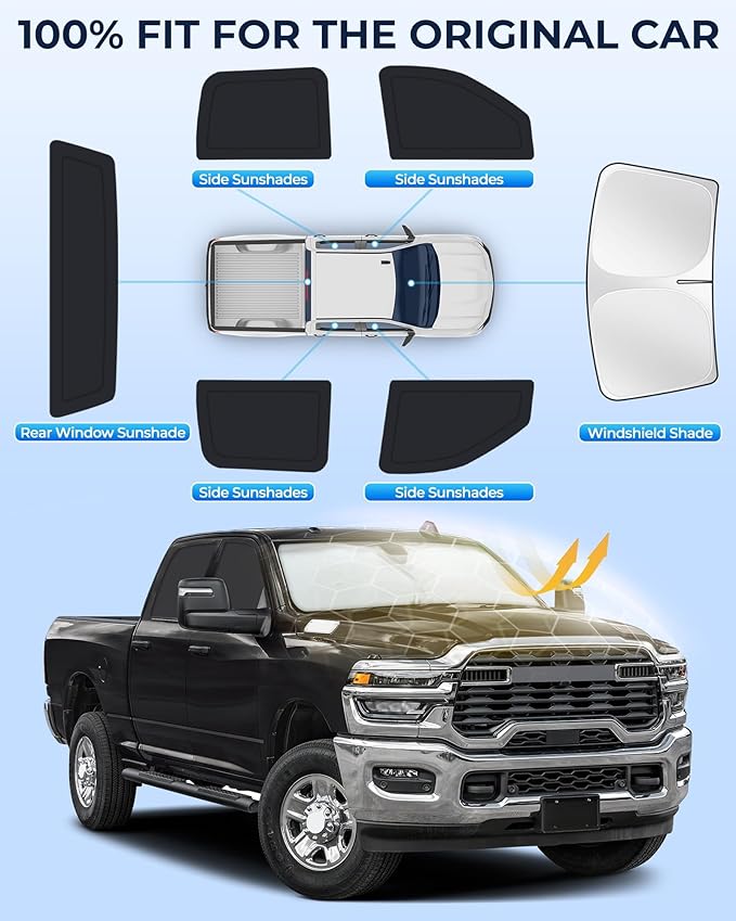 for Dodge RAM 2500 3500 2016-2026(Crew Cab) Car Window Shades, 6pcs Privacy Sun Shade Set for Front Windshield Side and Rear Windows, Full Window Covers Keeps Vehicle Cool for Camping Napping