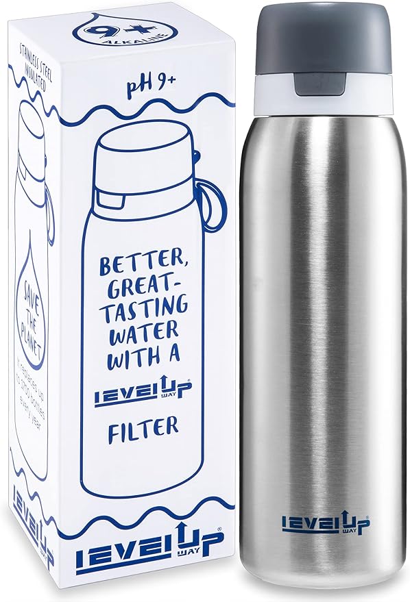 Level Up Way –25 Ounce Premium Stainless Steel Water Bottle with Filter – BPA Free - Travel Essentials - Alkaline Water Filter pH 9+ (Black)
