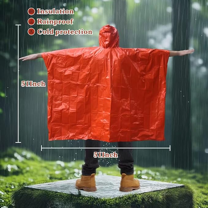 4-Pack Emergency Poncho Orange/Reflective Silver, Reversible Hood Windproof Rainwear with Thermal Mylar Heat Retention, Camping Kits Road Emergencies Storms & Hiking Essential (47” x 39”)