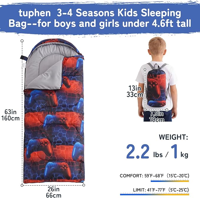 tuphen Kids Sleeping Bag - 50-77℉ 3-Season Waterproof Sleeping Bag for Boys & Girls, Lightweight 2.2 lbs Camping Gear with Compression Bag Ideal for Camping, Hiking, Indoor