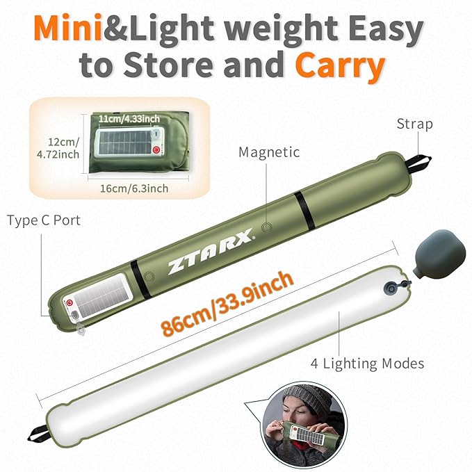 Inflatable Solar Camping Lantern,USB Rechargeable,4 Lighting Modes,IP66 Waterproof,Portable and Lightweight Tent Light