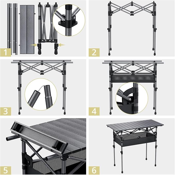 Anbte 3ft Aluminum Roll Top Camping Table, 2 Adjustable Height Camping Table Folding with Storage Net & Bag Lightweight Roll Up Table for Indoor Outdoor Backyard BBQ Patio Picnic, 32.2” X 16”, Black