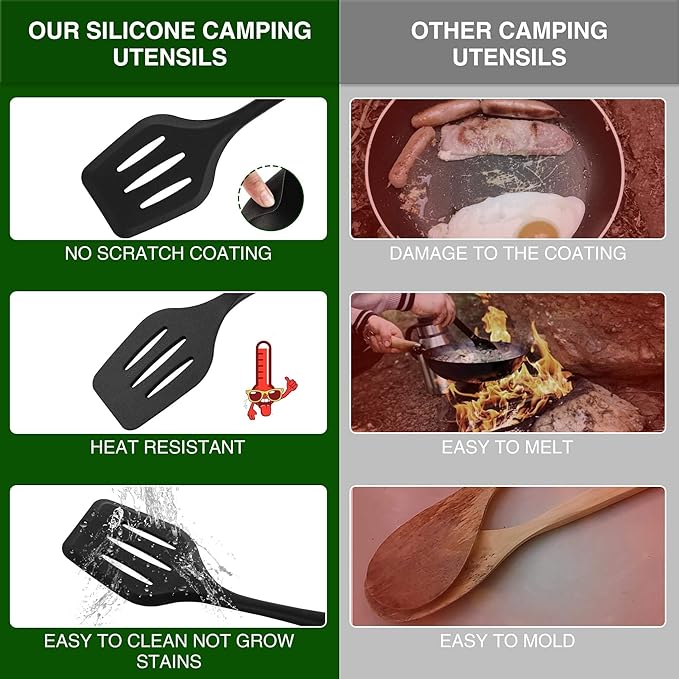 Wesqunie Camping Cooking Essentials Utensils Set - Camp Cookware Kitchen Accessories Kit, Camper Gear Must Haves, Stainless Steel & Silicone, RV Car Portable Outdoor Equipment Tool