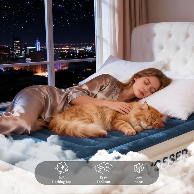 VOSSER Queen Air Mattress with Built-in Pump,18''Fast & Easy Inflation/Deflation Inflatable Mattress, Foldable Blow Up Mattress with Storage Bag, Inflatable Bed for Home, Camping & Guests