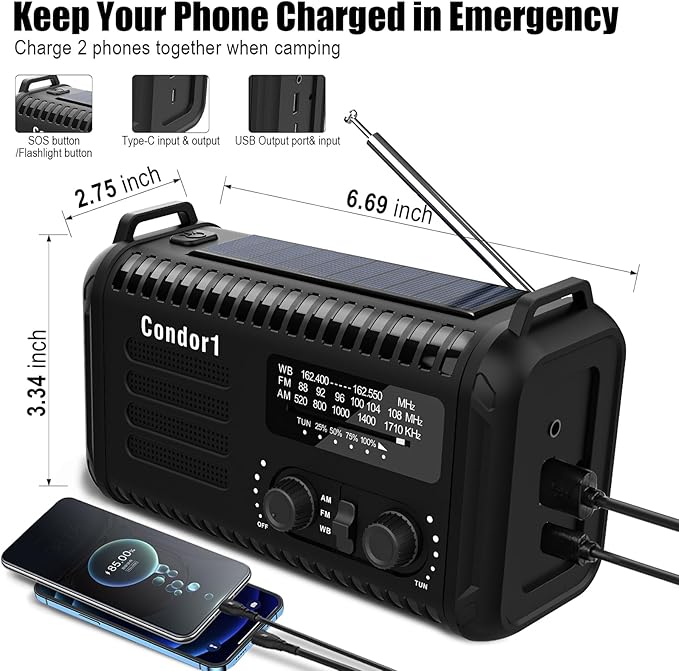 NOAA Weather Radio 20000mAh Battery Powered｜Solar Hand Crank Emergency Radio AM/FM｜USB-C Charger｜SOS Alarm｜Flashlight & Reading Lamp｜Hurricane Storm Power Outage Survival Emergencies (Black)