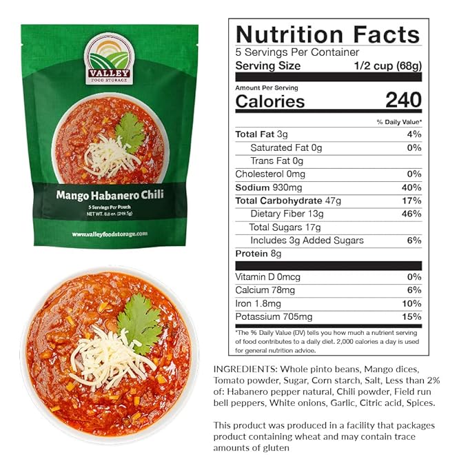 Valley Food Storage Mango Habanero Chili | 10-Bag Bucket, 50 Servings | Premium Emergency Food Supply, 25 Year Shelf Life | Survival Meal Kits, Prepper Food & Off-Grid Living Supplies, Packaged in USA