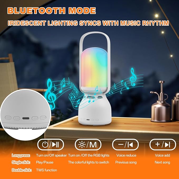 JackonLux Camping Lantern with Speaker, Portable Rechargeable Outdoor Lantern, 11 Mode RGB Color Dimmable LED Night Light for Camping, Home, Party and Hiking (1, White)
