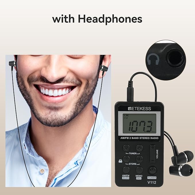 Retekess V112 AM FM Pocket Radio, Digital Radio with Earphone, Rechargeable Battery with LCD Display for Walking, Jogging, Training(Black)