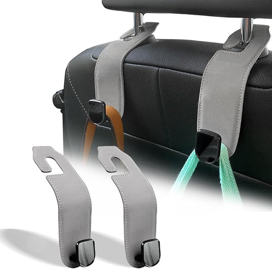 Car Seat Headrest Hook, 2 Pack Leather Car Purses and Bags Hooks Holder Hanger for Groceries Organization Accessories, Gray