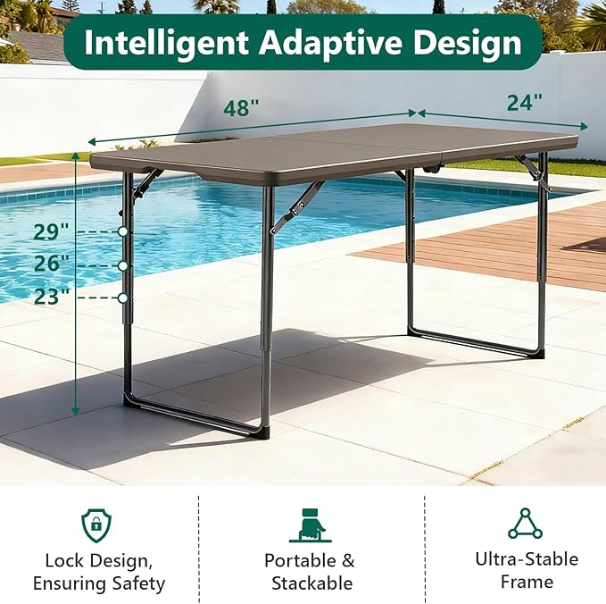 4ft Folding Table, Foldable Picnic Table Portable Table for Indoor Outdoor Use Heavy Duty Plastic Table Camping Table for Party, BBQ, Khaki