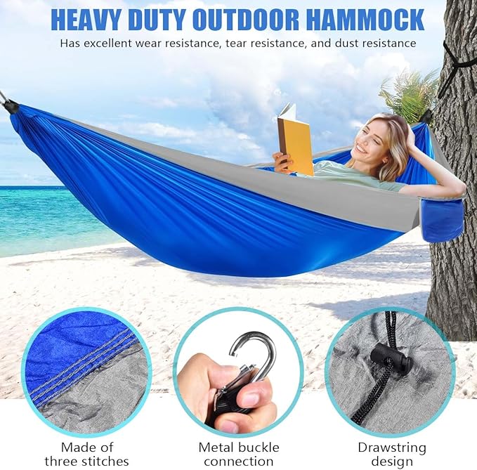 OBTANIM Camping Hammock 500lbs Portable Lightweight Single or Double Hammock with Tree Straps and Carry Bag for Camping Backpacking Hiking Travel Beach Outdoor Indoor (Gray and Dark Blue)