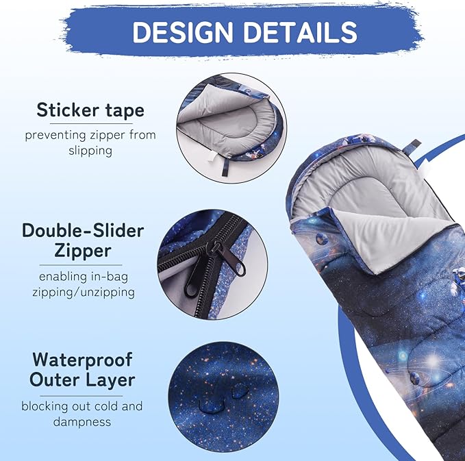 tuphen Kids Sleeping Bag - 50-77℉ 3-Season Waterproof Sleeping Bag for Boys & Girls, Lightweight 2.2 lbs Camping Gear with Compression Bag Ideal for Camping, Hiking, Indoor