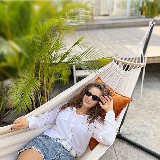 Anyoo Garden Cotton Hammock Comfortable Fabric Hammock with Spreader Bar Sturdy Hammocks Up to 450lbs Portable Lightweight Hammocks with Travel Bag for Camping Outdoor/Indoor Patio Backyard