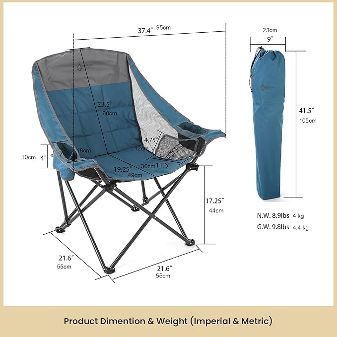 ARROWHEAD OUTDOOR Oversized Folding Camp Chair w/Adjustable Double Sized Cup Holder, Mesh Sides, Inner Pockets, Carry Bag, 300 LBS Weight Capacity