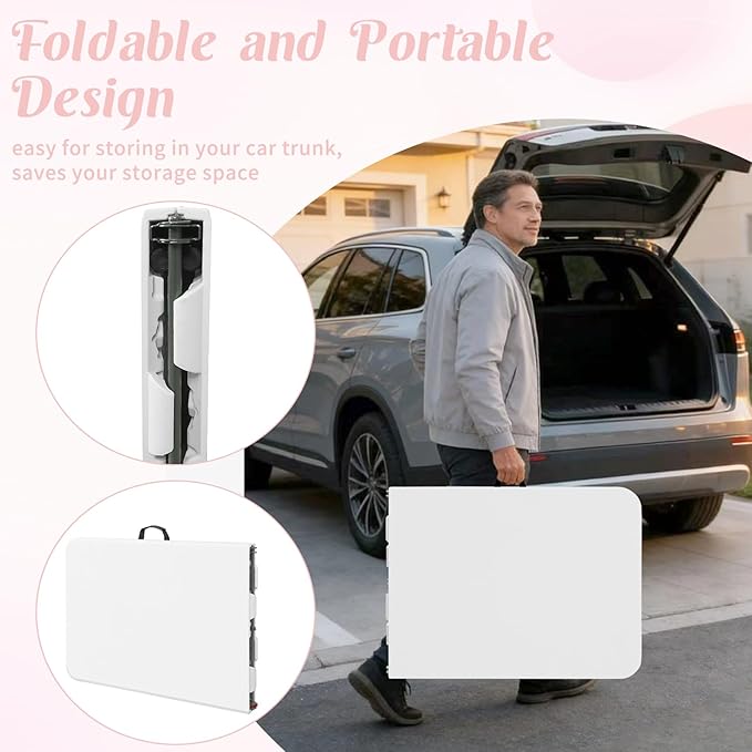 Fivenl 2 Pack 6 Feet Portable Folding Table White, Steel Legs Fold-in-Half with Carrying Handle Rectangular Plastic Foldable Table for Party, Wedding, Camping, Picnic, Dining, Indoor Outdoor Events