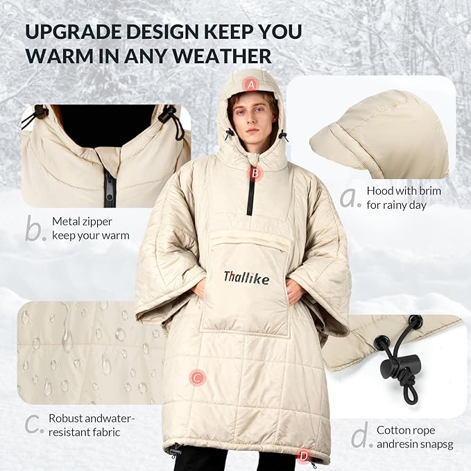 Camping Blanket with Zipper Pocket, 85'' x 61'' Large Wearable Hooded Blanket, Ultralight Warm Sleeping Bag, Windproof Camping Poncho for Outdoor Stadium Sports Gaming Hiking Picnic Concerts