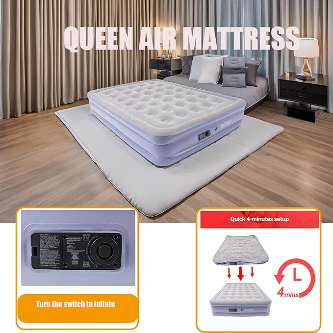Onirii Queen Air Mattress Bed with Built in Pump,16 Inches High Queen Airbed Inflatable Mattress,Comfort Thickened Blow Up Air Mattress,Travel Sleeping Pad for Guests Home(Queen Size)