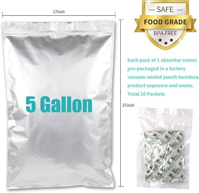 20PCS 5 Gallon Mylar Bags with 2500CC Oxygen Absorbers and Labels, Zipper Resealable Pouches Heat Sealable Bags for Long Term Food Storage