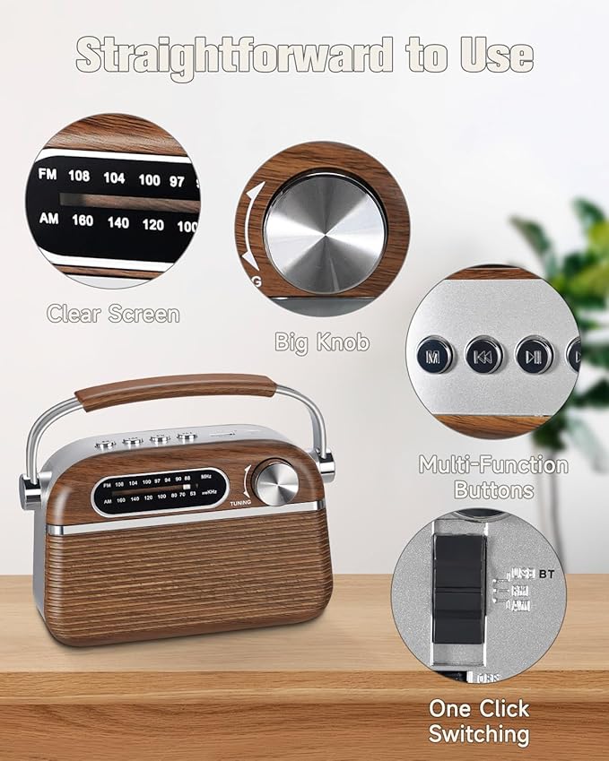 PRUNUS J-130 Retro Portable AM FM Radio AC Plug in Wall,Battery Operated/Rechargeable,Transistor Radios with Bluetooth,Vintage Wood Radio Support TF Card/USB Playing, for Dad and Mom
