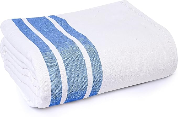 Linteum Textile Cotton Blended Hospital Patient Bath Blanket, Bed Bath Sheet, Twin Blanket Lightweight Sheet Blankets (24-Pack, 70x90 in, 1.75 lb.) White with Blue Stripes