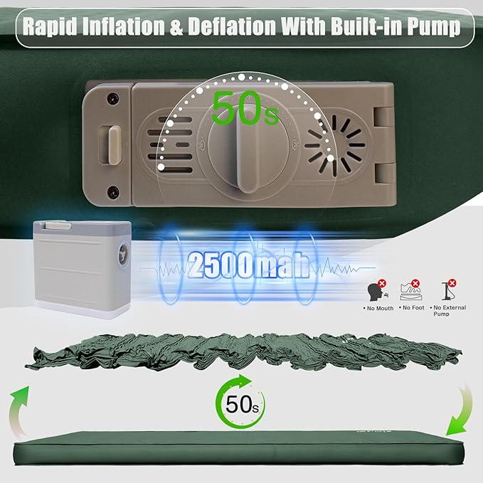 NYECHTO Self Inflating Sleeping Pad for Camping, 4" Extra-Thick Memory Foam Camping Mattress with Electric Pump, Fast Inflate & Deflate,9.5 R-Value Insulated Camping Pad for Car Travel Tent Cot, Green