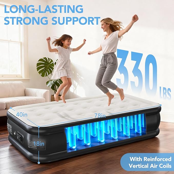 Twin Air Mattress with Built-in Pump, 18” High Inflatable Mattress with Storage Bag, 2 Mins Easy Inflation/Deflation Blow up Mattress, Flocked Top Inflatable Bed for Camping, Adults & Guests