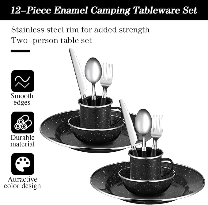 Nuogo 12 Pcs Enamel Camping Tableware Set Dinnerware Kit Includes 12 oz Coffee Mugs Camping Plates Bowls and Utensils Set with Knife Fork Spoon for 2 People Hiking Picnic Outdoor