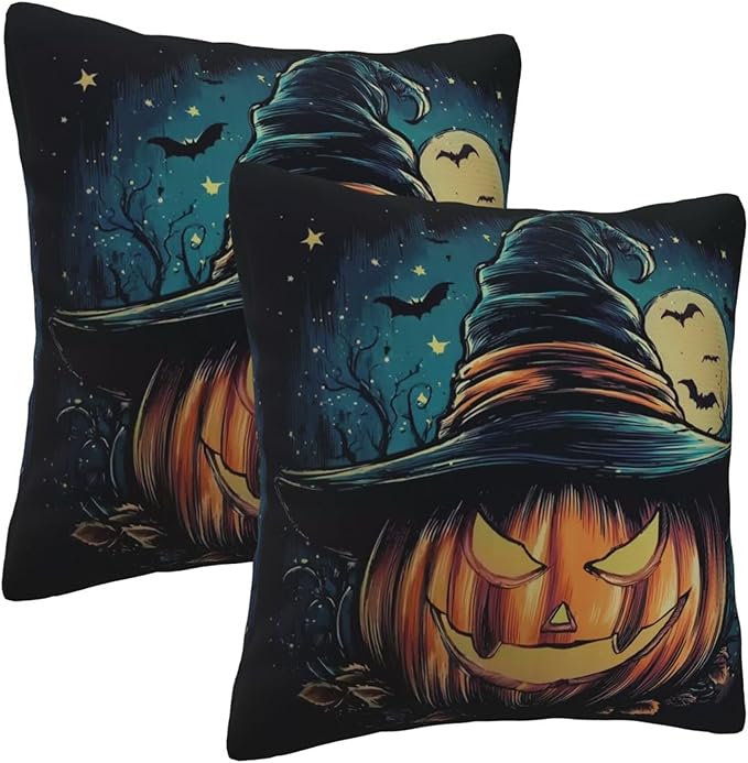 Halloween Evil Pumpkin Throw Pillow Covers 18x18 inch Set of 2 Bat Pillow Case Cushion Cover for Home Sofa Couch Living Room Car Decor